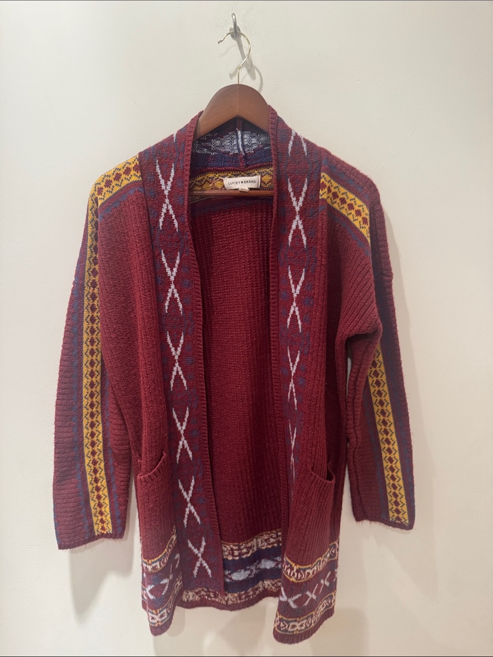 Lucky Brand Maroon Geometric Open-Front Cardigan. Size M.